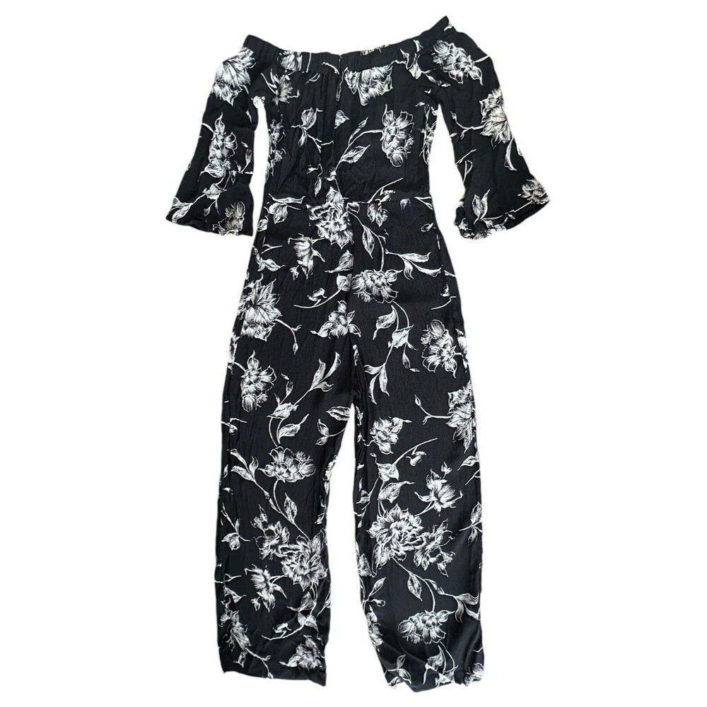 Asos Women's Cropped Viscose Jumpsuit 3/4 Sleeve Size 0 Black White Printed - Picture 3 of 8